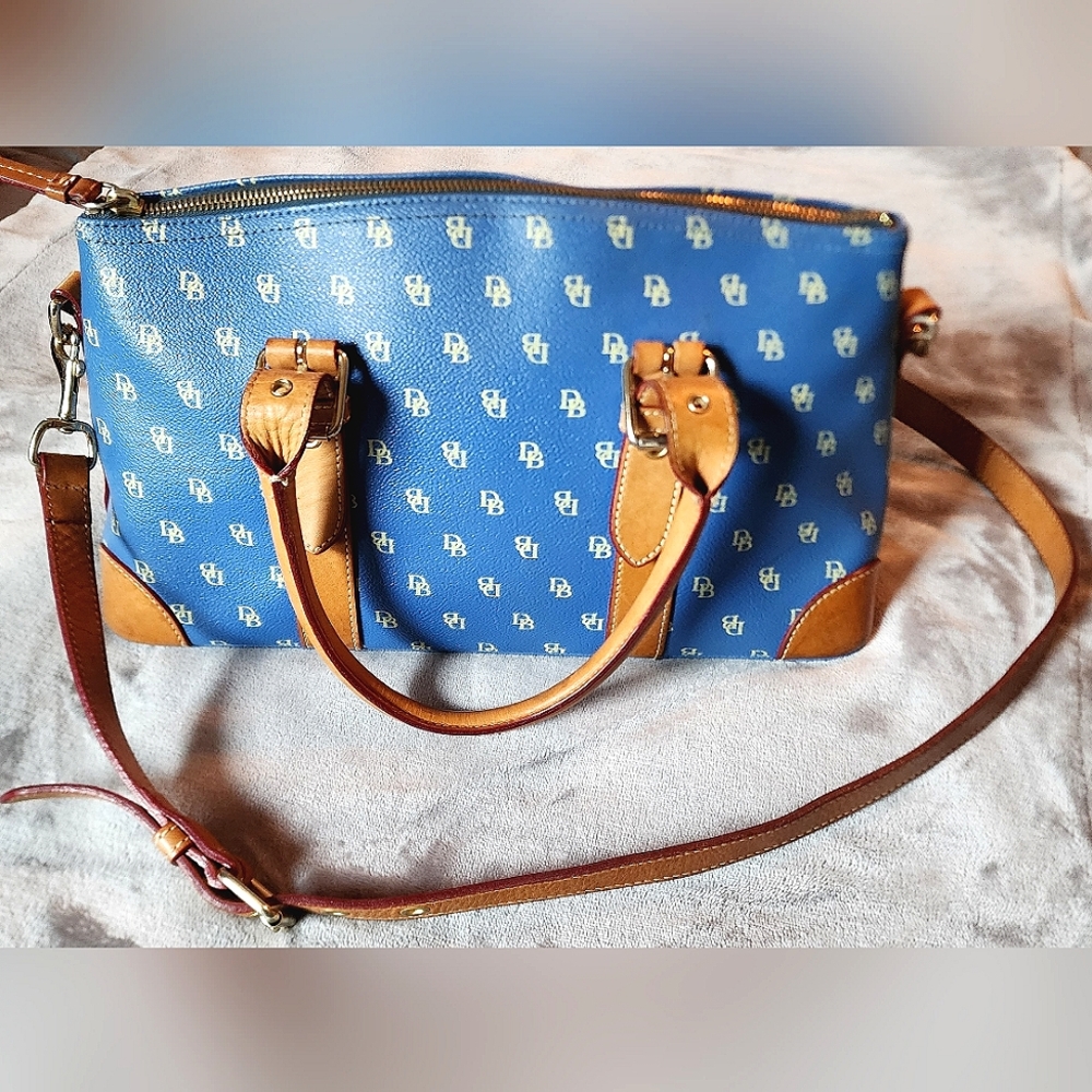 Dooney & Bourke Pre-loved Blue and Tan monogram satchel with strap